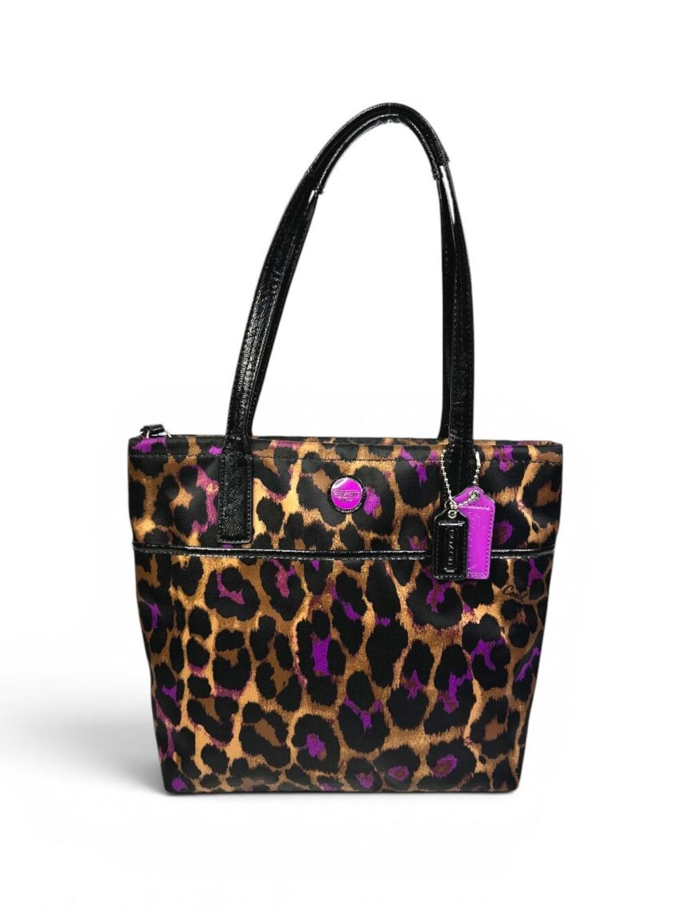 Coach Ocelot Leopard Print Tote Bag Purple Patent Leather Trim F25282